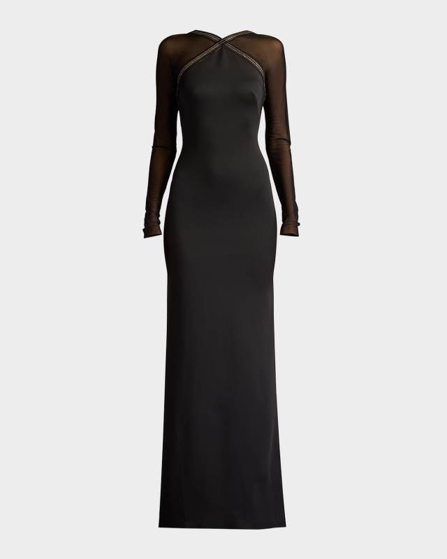 Illusion-Sleeve Neoprene Column Gown
